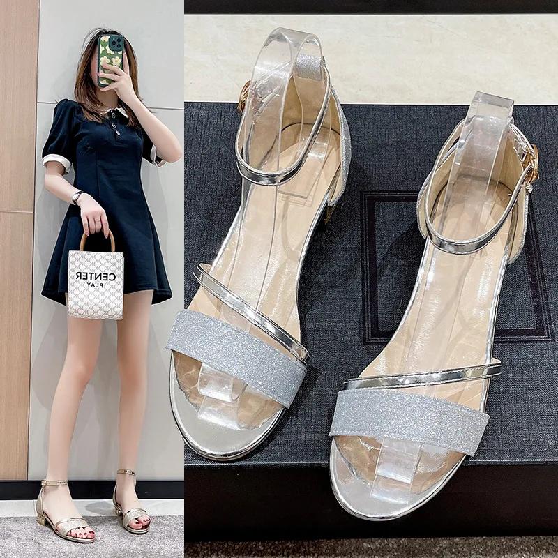 2025 Heels Casual Shoes Women's Open Toe Summer Gold Shoes Square Female Ankle Strap Low Heels Footwear