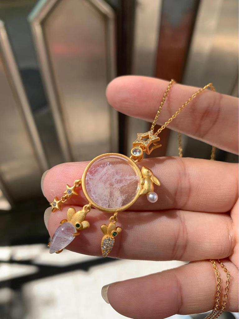 Jade Rabbit and Radish Planet Pendant Necklace - Charming Fairy Tale Design, Handmade and Unique Gift