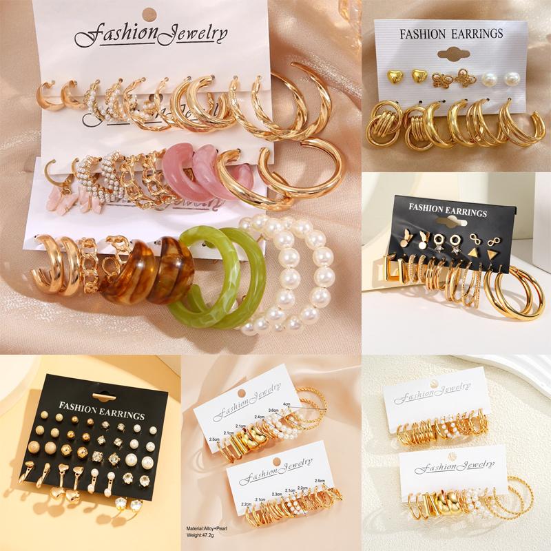 

17 км винтажные серьги-кольца золотого цвета, комплект жемчужных металлических висячих серег для женщин, серьги-кольца с кристаллами, модные модные украшения