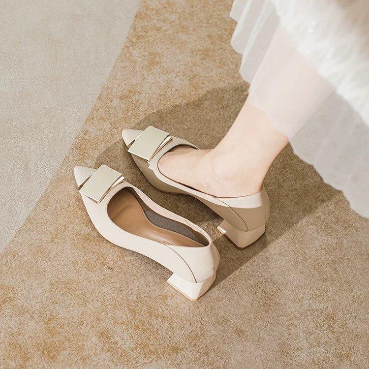 Soft Leather Thick Heel Single Shoes Women's 2025 New Autumn Mid-heel Pointed Head Shallow Mouth Work Shoes French Temperament High Heel Women's Shoes