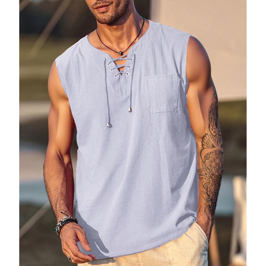 Cotton Linen Men's SleevelessT-shirt Vintage Lace Up V-neck Breathable Lightweight Vest Basic Style Male Casual Tank Tops