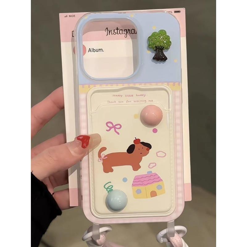 Suitable for Iphone16pro Puppy Cartoon Phone Case Apple 15 Card Case DIY Lanyard Protective Cover Cool and Trendy