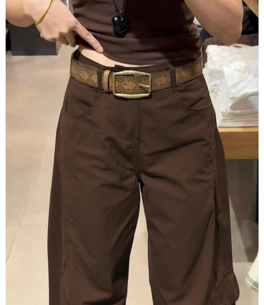 Women's Army Green High-Waisted Wide-Leg Cargo Pants - Petite, Loose-Fit, Slimming, Casual Spring 2026 Style