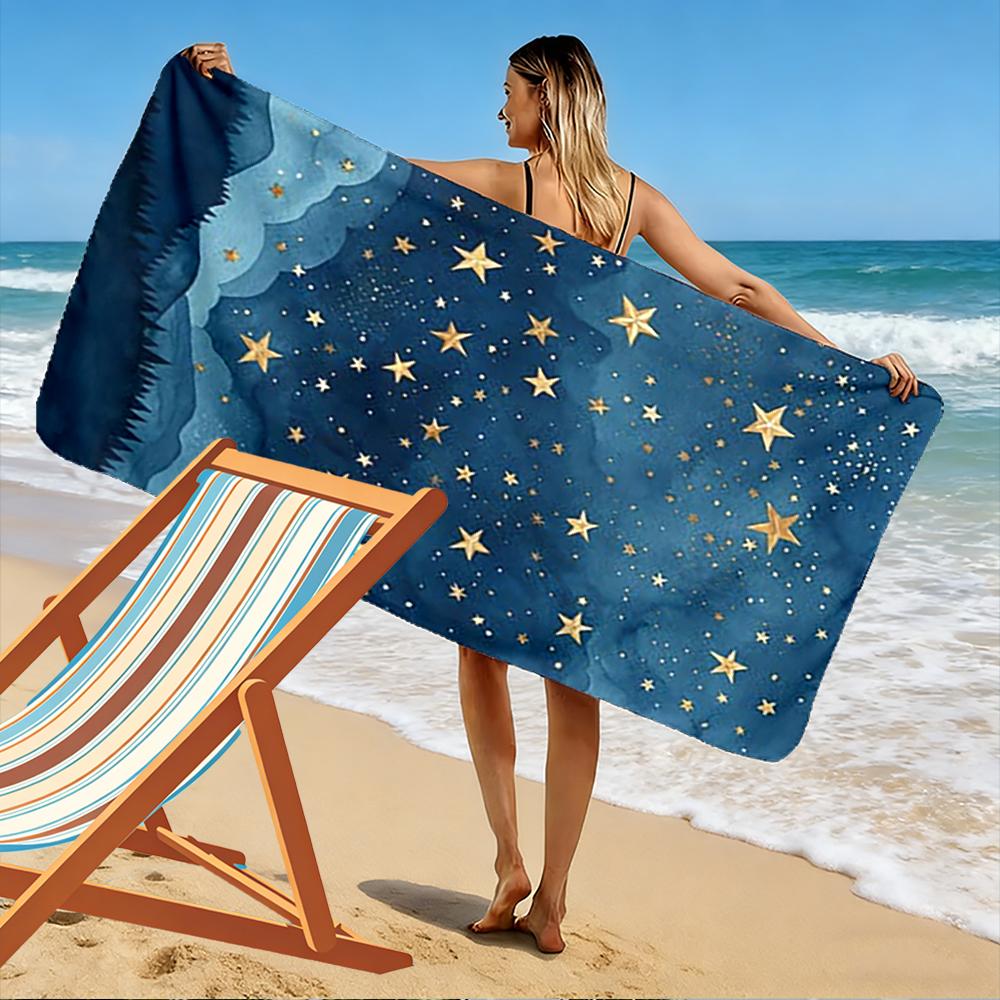 Golden Stars Night Sky Pattern Beach towel quick-drying for travel outdoor sports jogging beach and swimming
