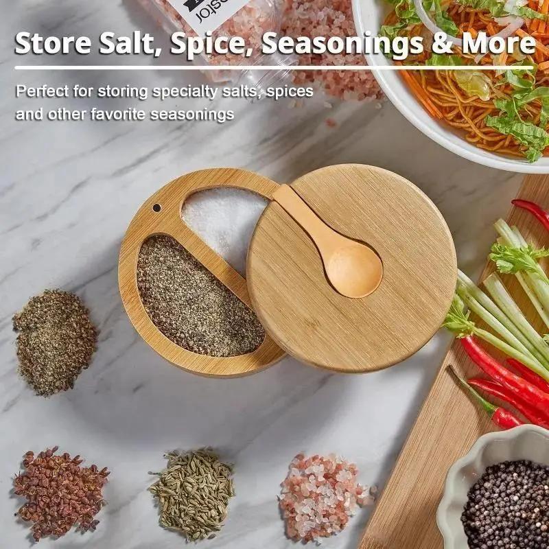 Bamboo Salt Jar with Spoon Kitchen Spice Jar Magnetic Rotating Household Seasoning Container Jewelry Handmade Storage Boxes