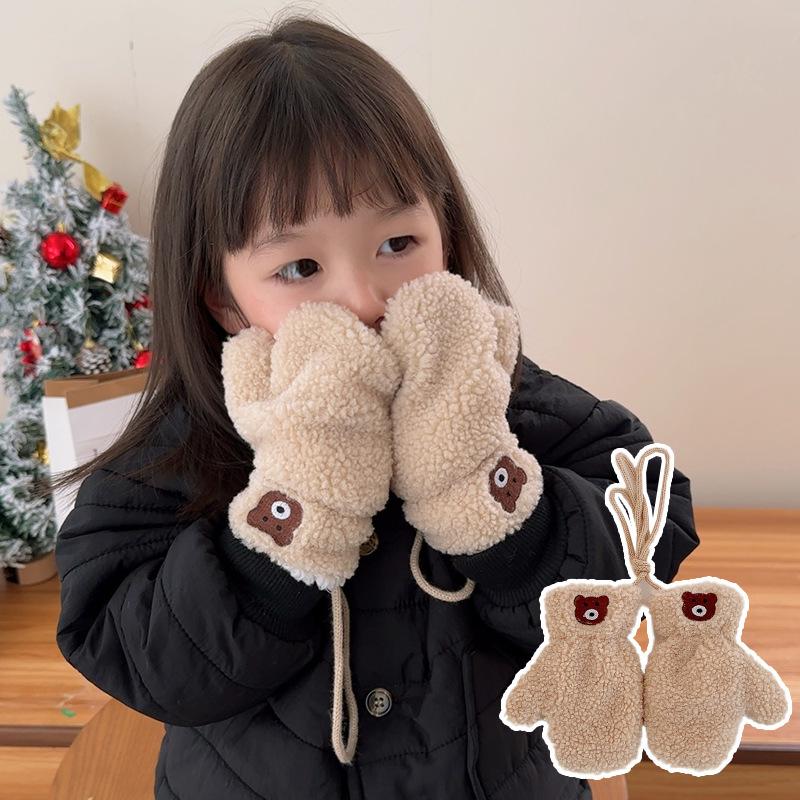 Cute Embroidered Bear Baby Gloves Lamb Wool Winter Boys Girls Full Finger Gloves Outdoor Windproof Warm Kids Mittens