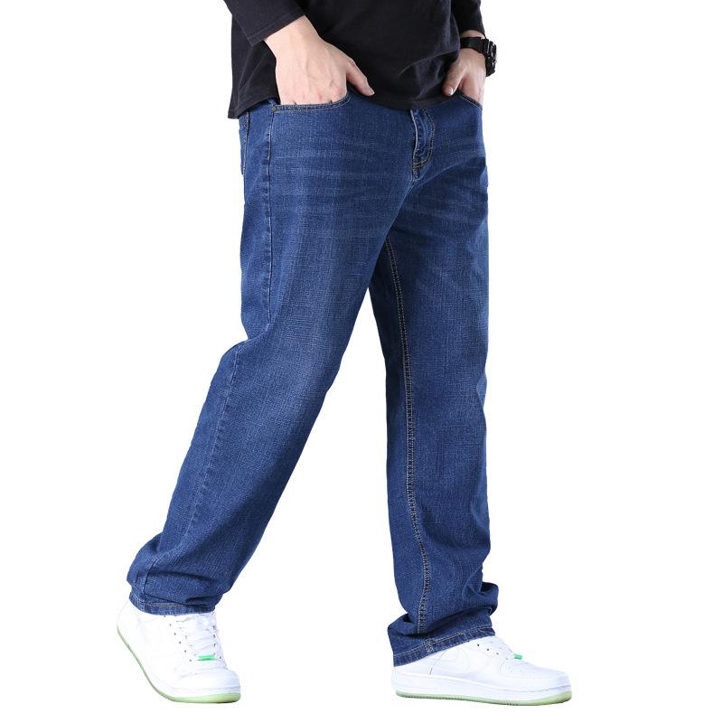 Spring/Autumn Stretch Denim Trousers for Men - Plus Size, Relaxed Straight-Leg Slim Fit