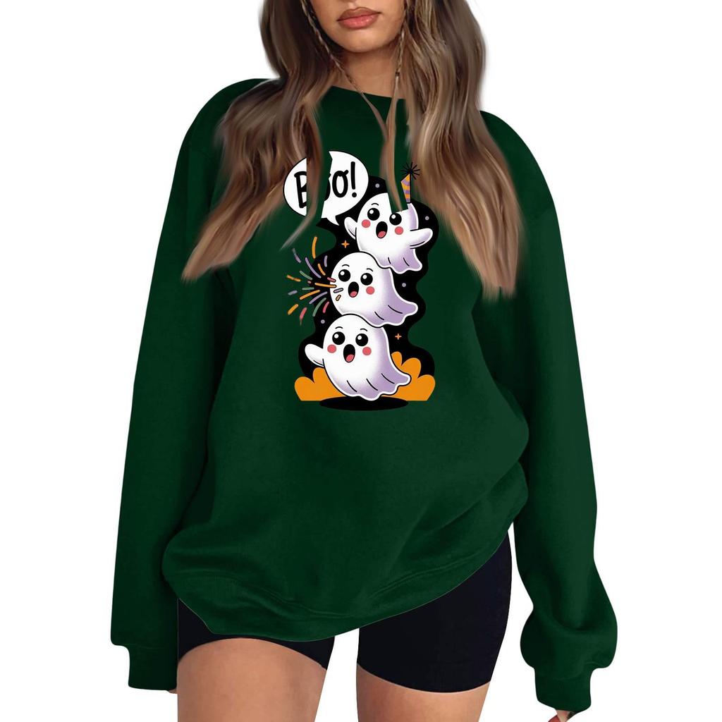Women's Long Sleeve Neck Sweatshirt Loose Fit Casual Pullover Top with Small Halloween Print