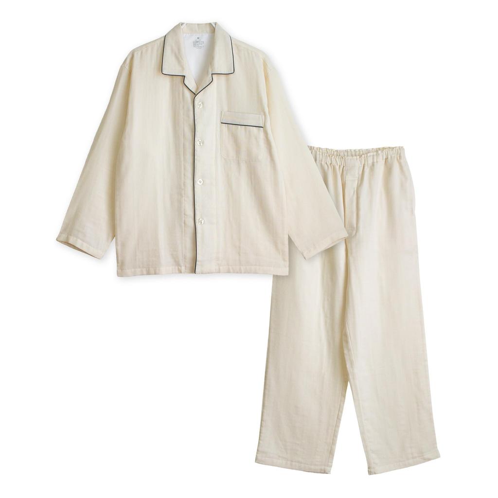 Cotton Triple Gauze Soft and Long Solid Size L Men's 100% Pajamas, Comfortable, Sleeves, Color, Breathable, Spring/Autumn, Ivory,