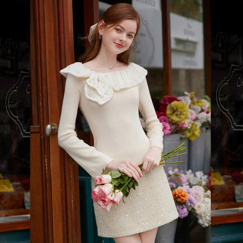 Bailuyu Elegant Beaded Mesh Splice Knit Top S