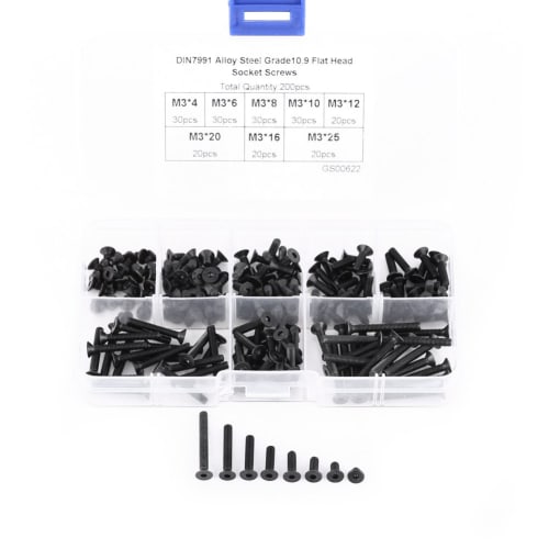 M3 Hex Countersunk Head Screws, 200-Piece M3 Countersunk Hex Socket Head Screws Bolts Machine Fastener Assortment Set (30 Pieces In 4mm, 6mm, 8mm, 10m