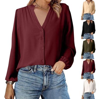 Damen T-Shirt Einfarbig V-Ausschnitt Langarm Oberteil