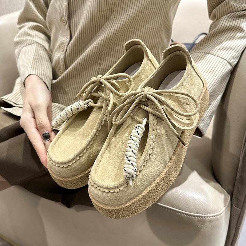 High Quality Suede Leather Loafers Women Round Toe Lace Up Fringe Thick Sole Shoes Casual Comfort Outdoors Flat Walk Shoes Woman