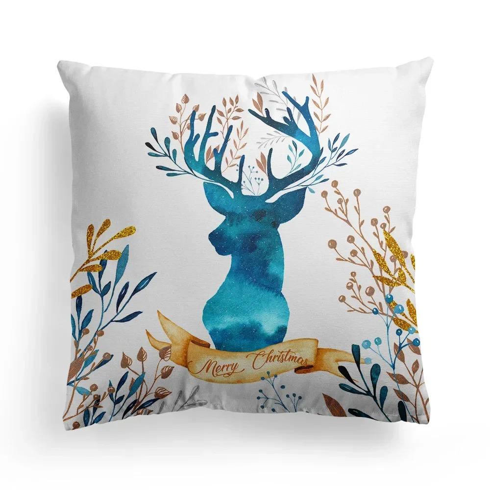 Christmas Western Blue Watercolor Elk Throw Pillow Cover With Short Plush Print For Living Room Sofa Decoration Cushion Cover