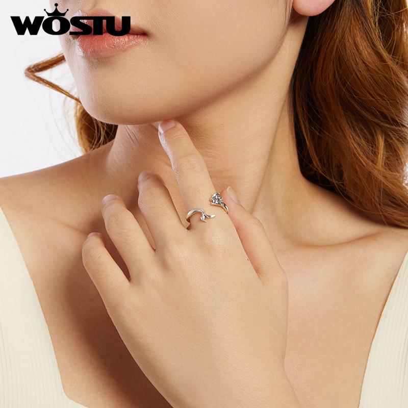 WOSTU 925 Sterling Silver Mermaid Opening Ring For Women Ocean Jewelry Holiday Gift Mermaid Tail Adjust Rings Anillo Party Gift
