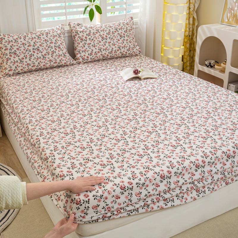 Bed Sheet with Elastic Washed Cotton Blue Flower Printed Fitted Sheet Single/Queen/King Mattress Cover for Double Beds