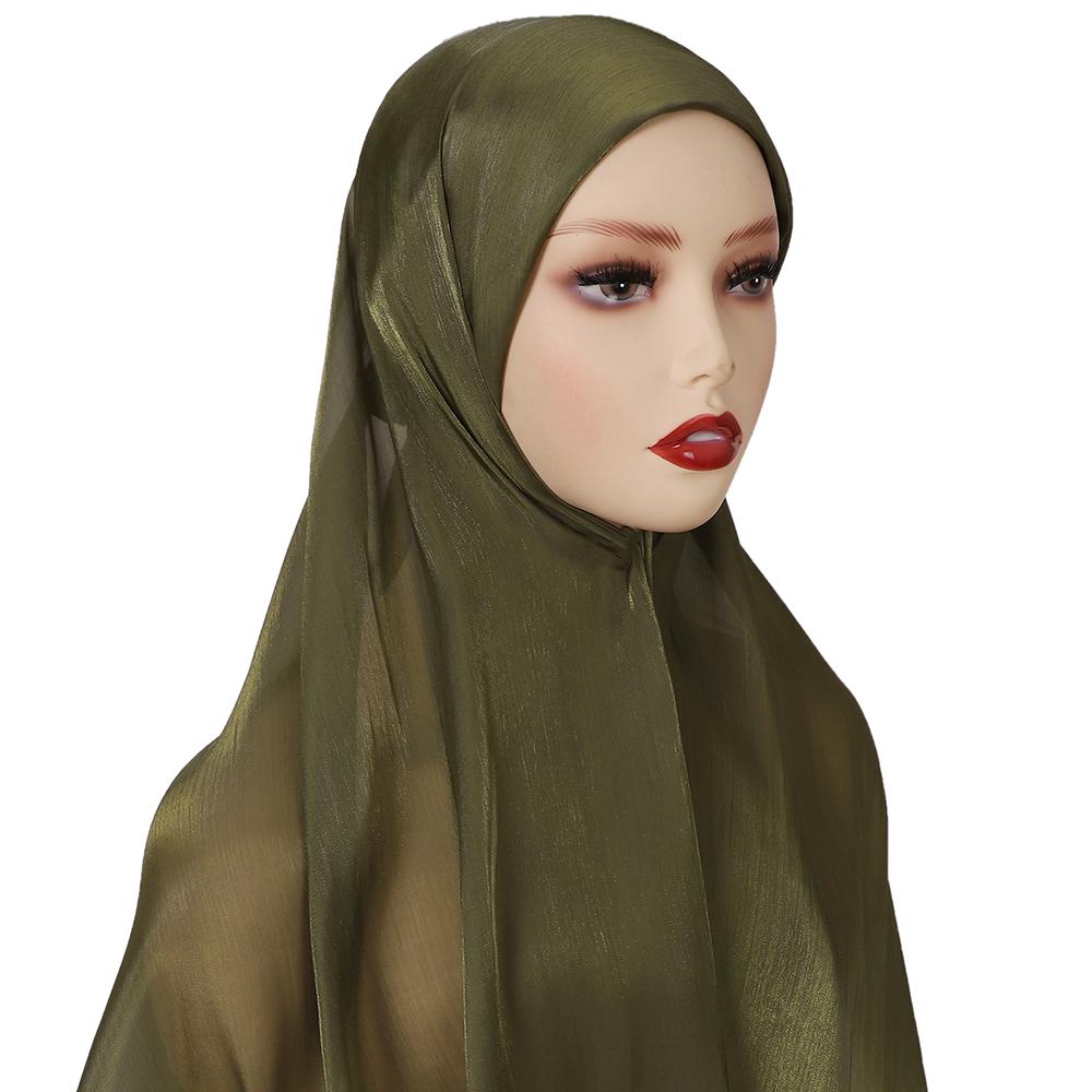 New Solid Color Glitter Hijabs 2Pcs With Undercap Muslim Ladies Soft Head Wrap Shimmer Satin Crepe Hijab Shawl