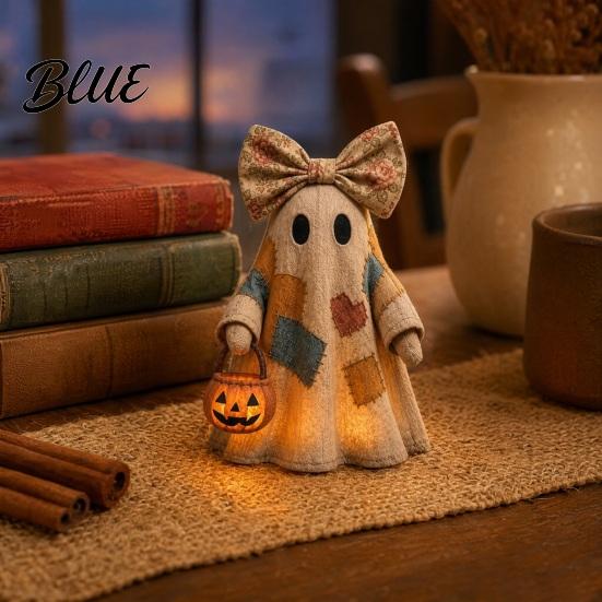 Glowing Ghost Decor Halloween Lighted Patchwork Figurine Light-Up Bow with Pumpkin Vintage Figurine Lantern Ghosts Lamp Decoration for Holiday Party