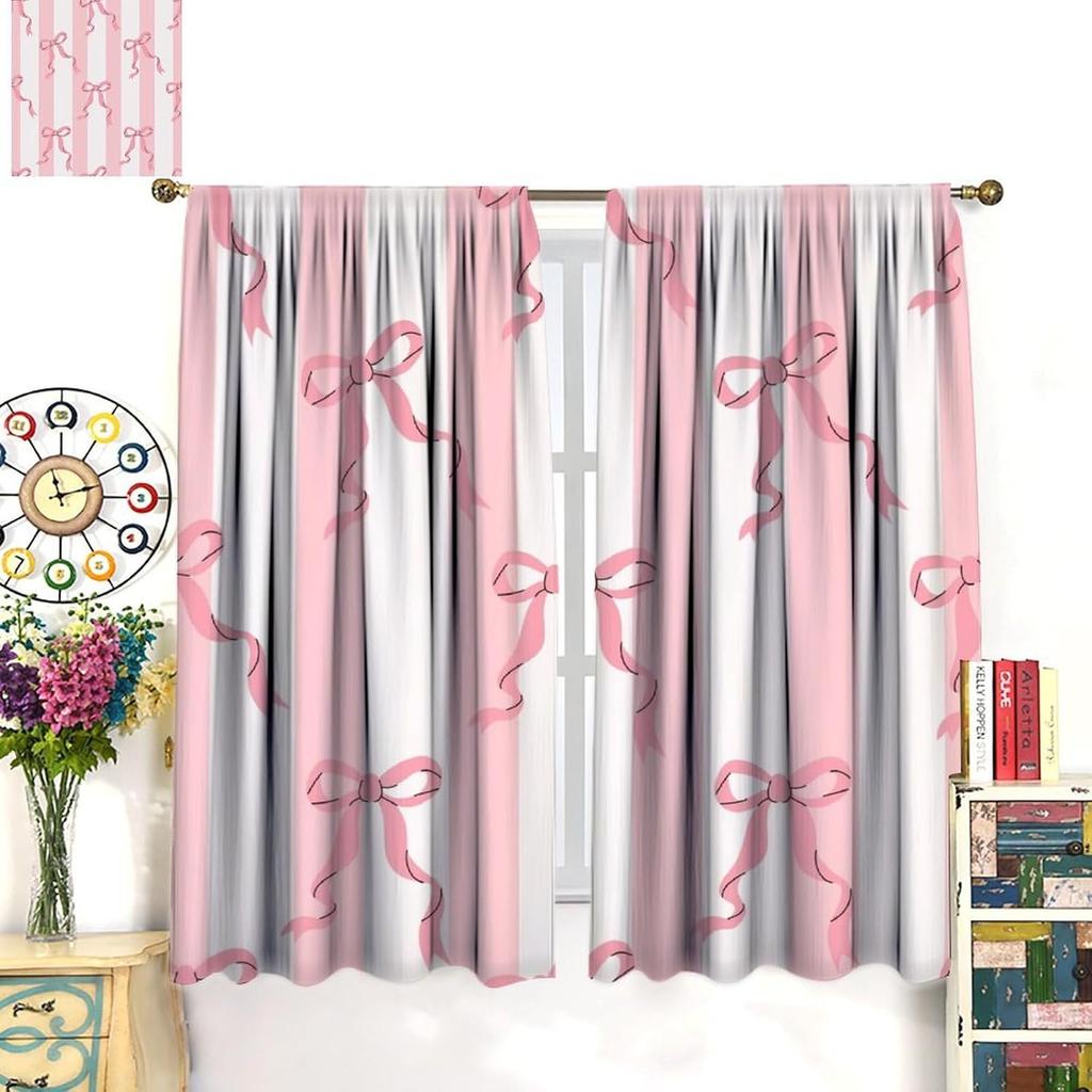 Stripe Curtains Red Ribbon Bow Stripes White Pink Background Window Treatments Insulated Drapes Panels Thermal Made Of Polyester
