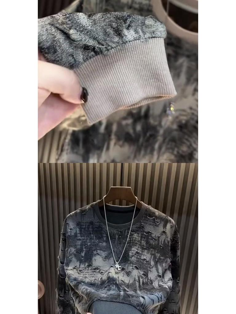 Trendiger Herren-Langarm-Hoodie 2025 mit Sternendesign, luxuriösem Rundhalsausschnitt und stylischen Ripped-Details