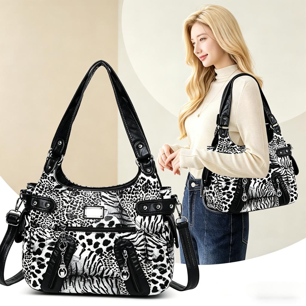 Women's Large Capacity Soft Leather Handbag, Vintage Leopard Print Shoulder Crossbody Bag, Multi-pocket Casual Tote Bag for Daily Commute Fashion