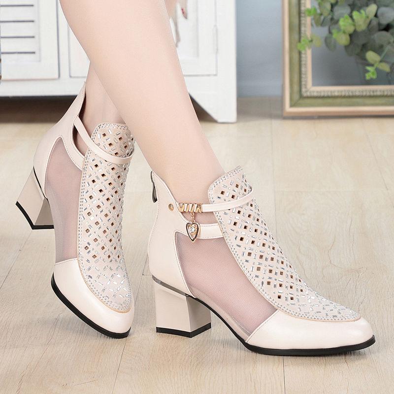 Fashion FHC New Cowhide Genuine Leather Sandals Boots,Women Mesh Shoes,Summer Heels,Pointed toe,Back Zip,Hollow Out,Dropship,Black,Beige