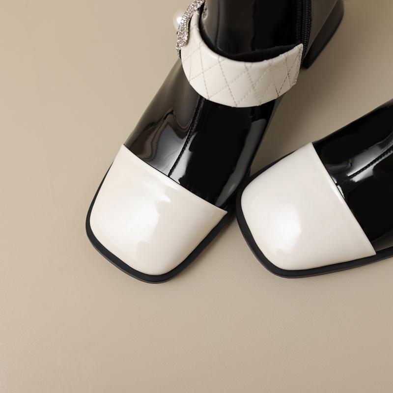 Fashion Women's New Autumn Dong Diamond Pearl Flower Color Block Leather Mid Heel Extra Large Calf Zipper Chelsea Short Boots