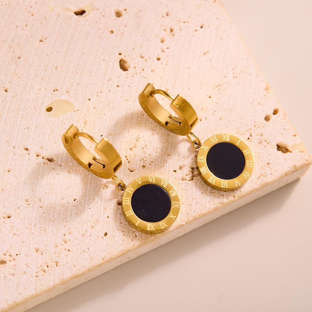 

Elegant 18K Gold & Titanium Steel Earrings: Black Mother-of-Pearl with Roman Numerals - Women s Fashionable Ear Jewelry.