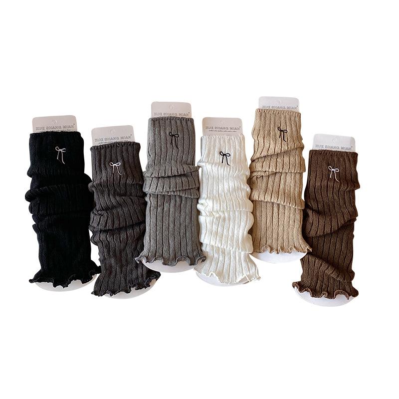Girls Socks Spring And Autumn Embroidery Bow Calf Socks Solid Color Retro Knitted Wool Warm Pile