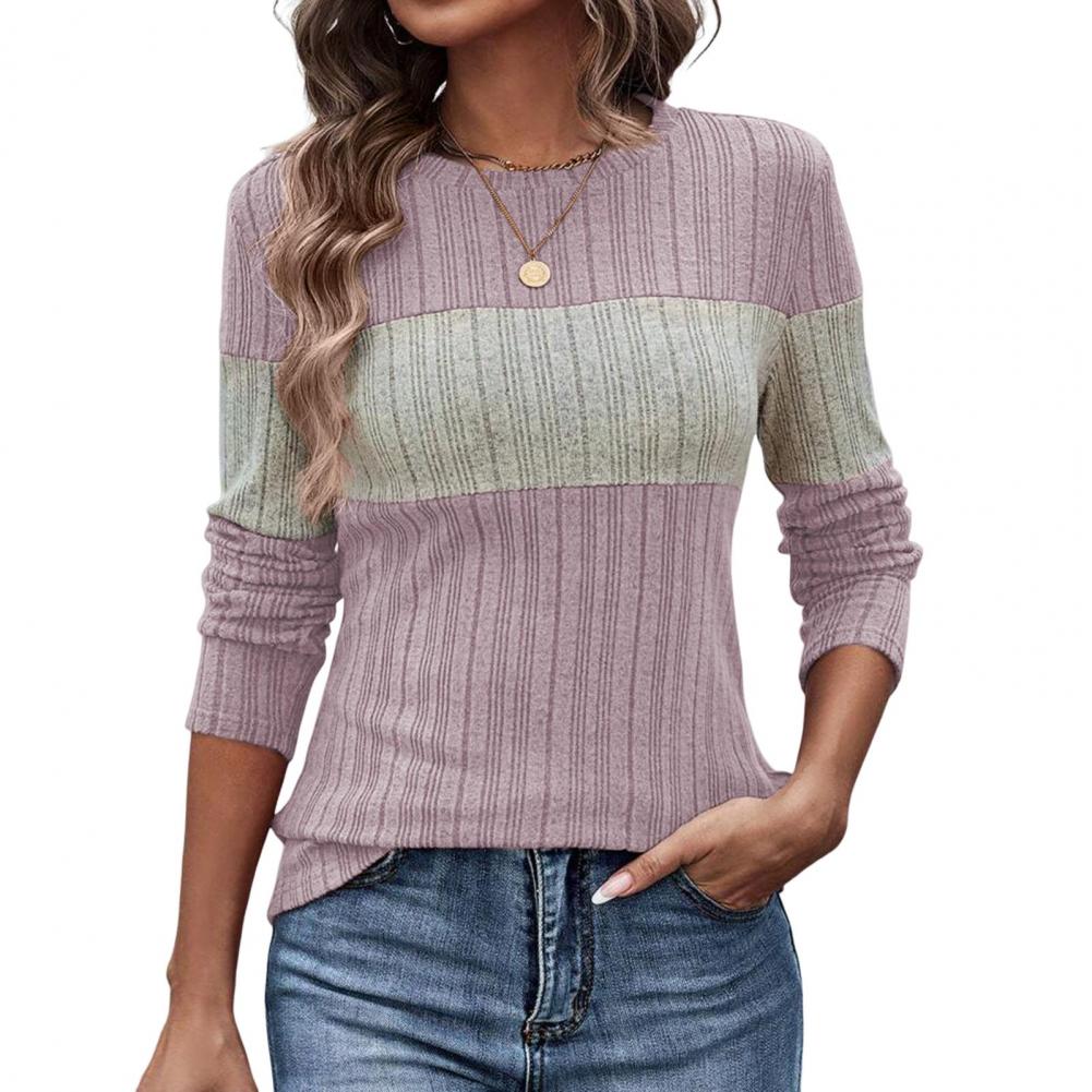 Women T-shirt Round Neck Long Sleeve T-Shirt Striped Contrast Color Slim Fit Pullover Tops Daily Wear
