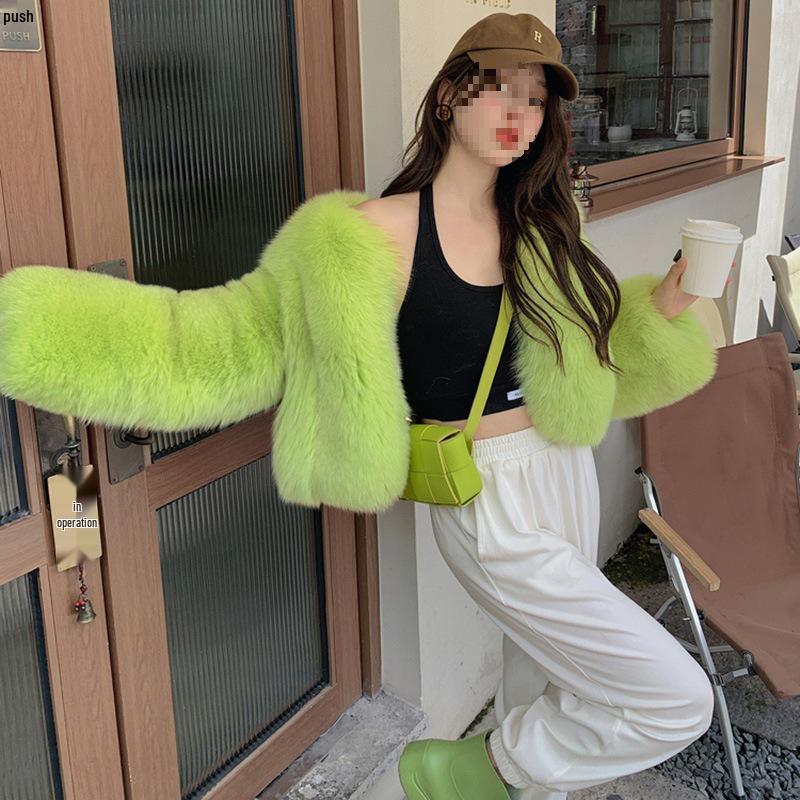 

Women s Short Korean-Style Fluorescent Green Fox Fur Coat - Puffy, Warm & Trendy S брудно-білий