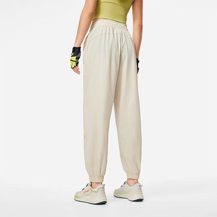 Li Ning Fitness Series Solid Color Mid Waist Comfortable Versatile Breathable Loose Cuffed Knitted Sports Pants Women bottoms Oatmeal-Gray AYKU092-5