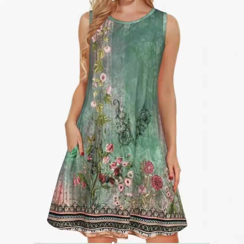 Sleeveless Dress Summer New Beach Hawaiian Print Loose Vest Skirt With Pockets