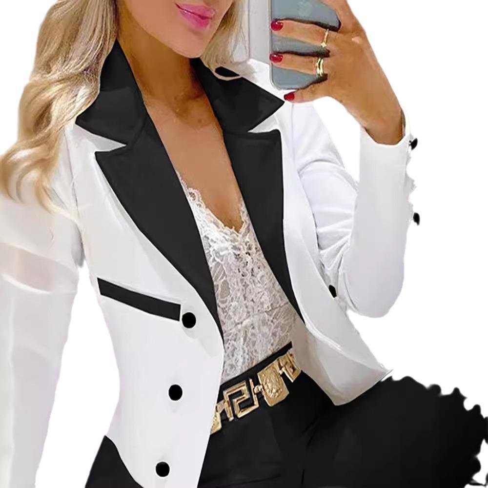 Black & White Color Block Square Neck Double-Breasted Suit Jacket with Long Pants