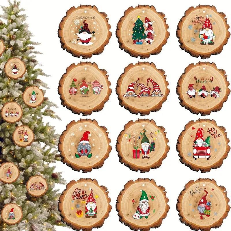 

12Pcs Christmas Rustic Wooden Ornaments Santa Claus Wood Slice Christmas Tree Hanging Pendant New Year Home Decoration Kids Gift