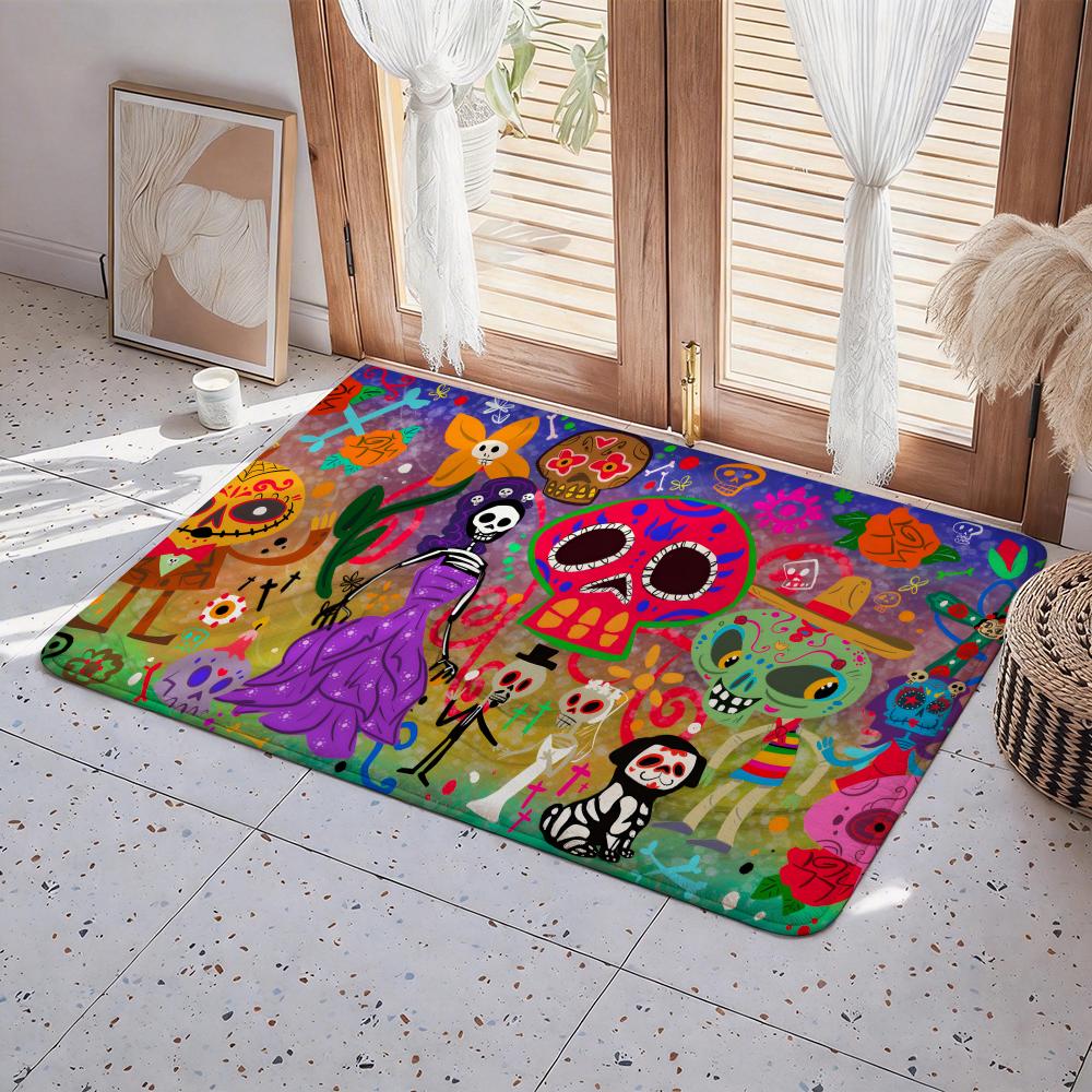 Dia De Muertos Design Art Floor Mat Eco  Flannel Doormat Non Slip Odorless Indoor Floor Rug Soft Short Plush Home Mat