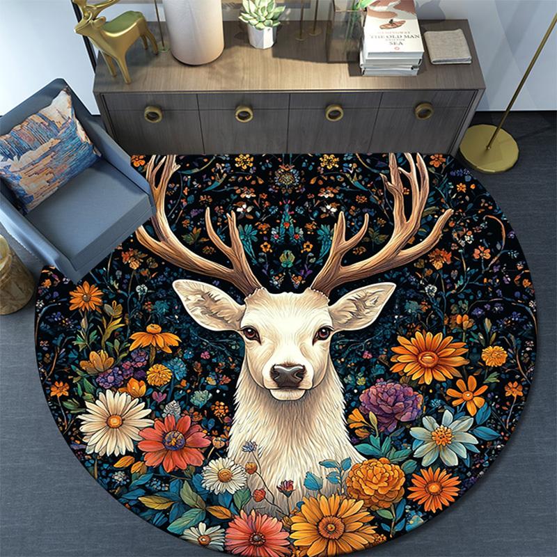 Deer Floral Round Area Rug,Carpet Rug for Living Room Bedroom Sofa Playroom Decor,Non-slip Floor Mat