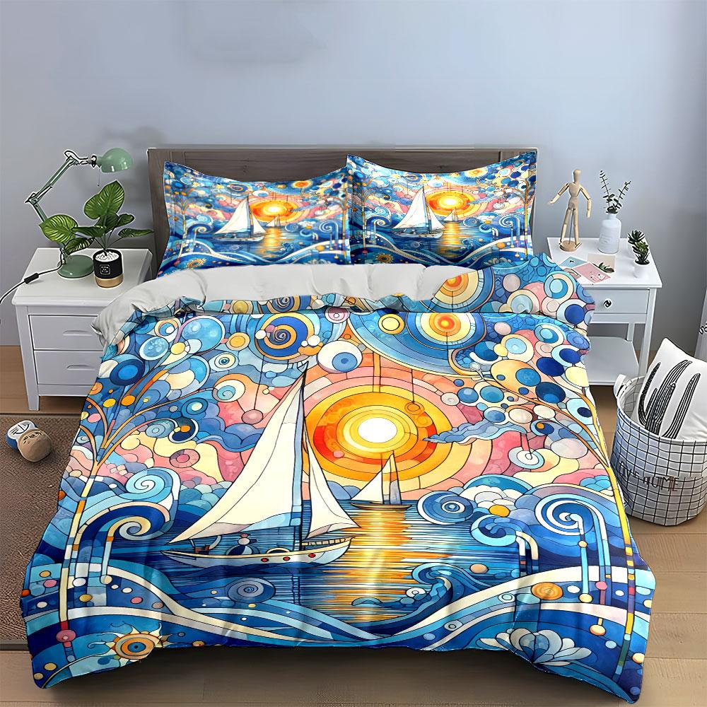 Sailing Boat Artistic Decor Set Bedding Set with 1 Duvet Cover 2 Pillowcases Single Double King Queen, Gift