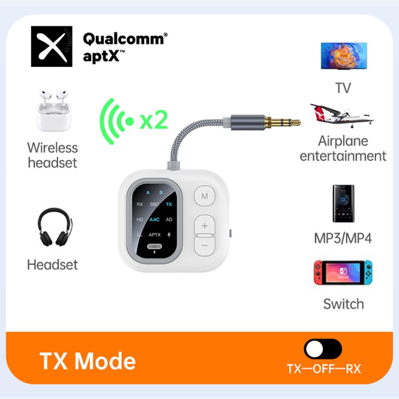 2 in 1 aptX-Adaptive AD/HD/LL AAC Bluetooth Audio Transmitter Receiver 3.5MM AUX HiFi Music Multipoint Airplane Wireless Adapter