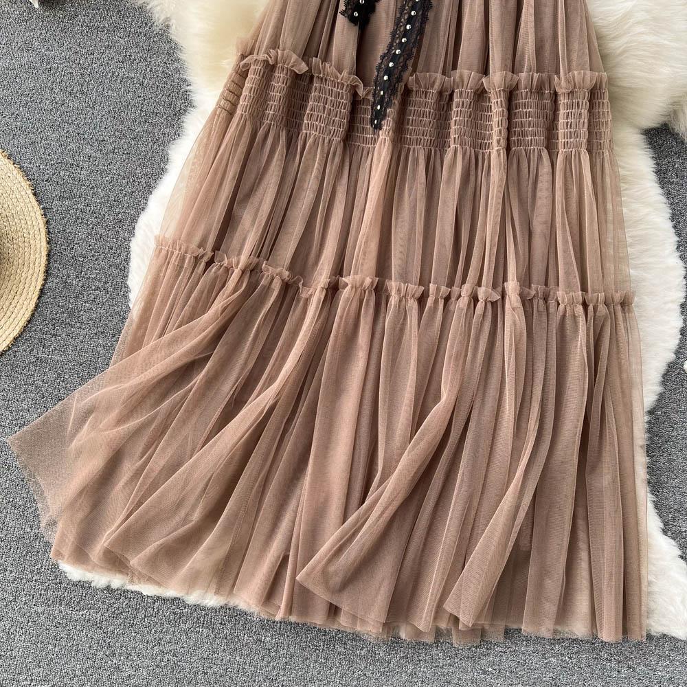 Stitched Lace Mesh Skirt For Women's Spring And Summer Korean Lace Slim A-Line Skirt Medium Long Puffy Skirt