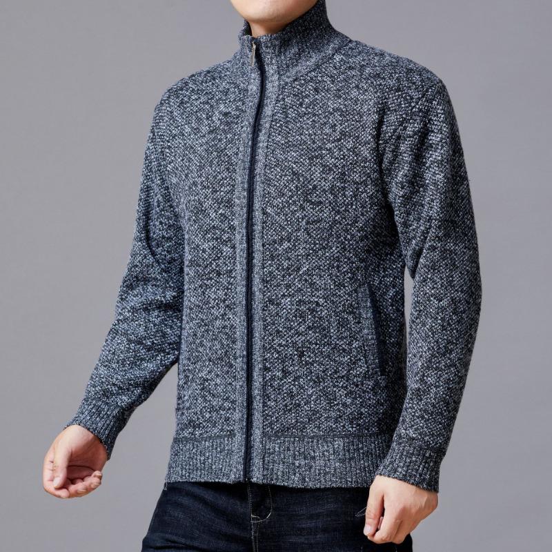 Mens Stand Collar Fleece Lined Solid Loose Knit Zip Up Long Sleeve Sweater Cardigan Coat