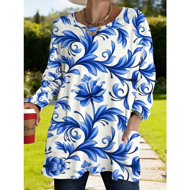 Women s large size blue and white floral print loose long sleeve top with pockets S