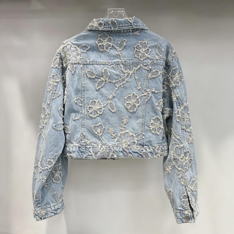 2026 Womens Denim Jacket Beaded 3D Loose Short Streetwear