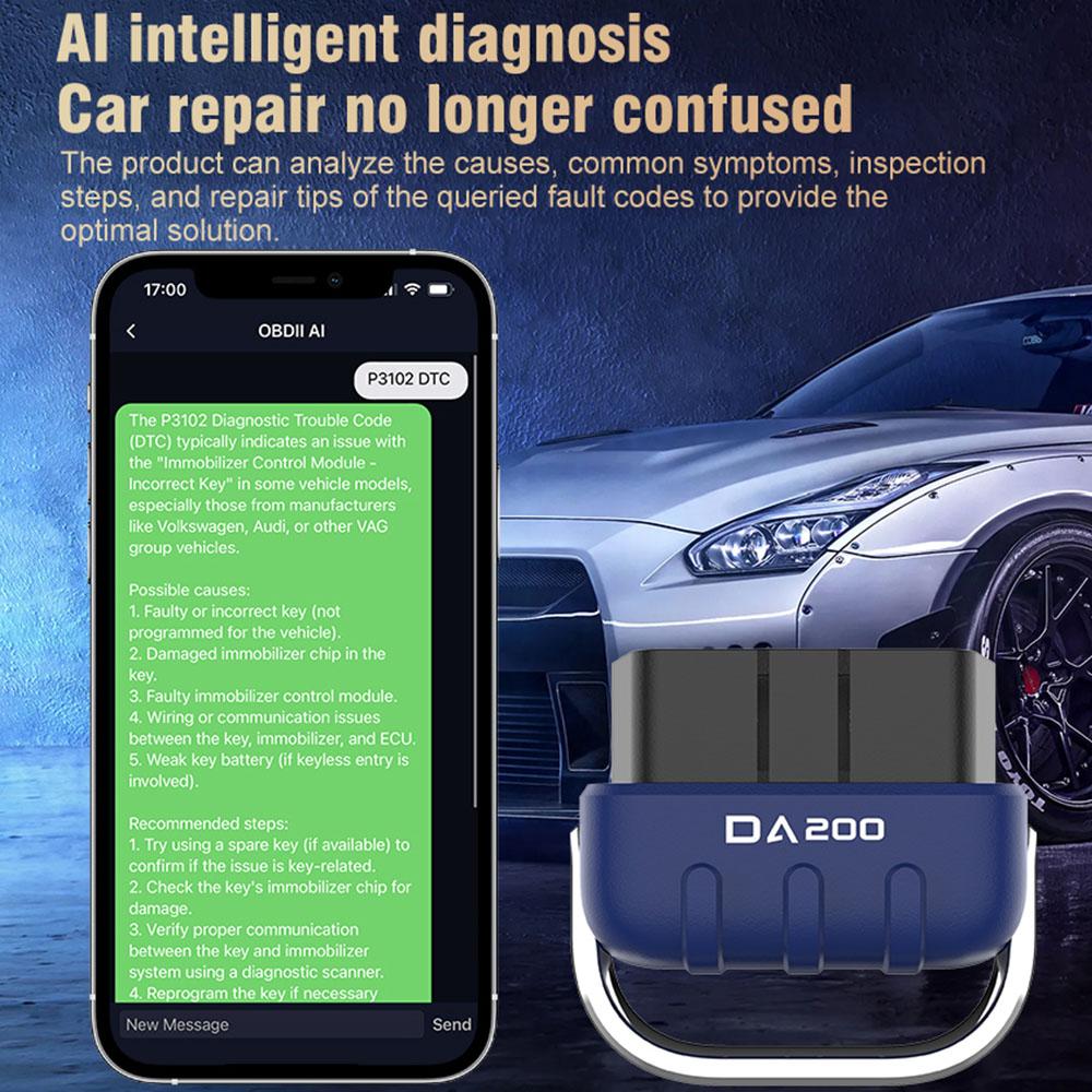 DA200 AI OBD 2 Scanner Code Reader Car Battery Tester Fault Code Erase Car Diagnostic Tools On Dashboard Display Bluetooth 5.4