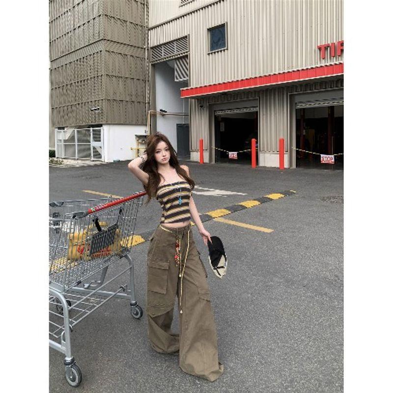 Kumikumi Gyaru Style Set Retro Stripe Tube Top Vest Women Summer Slimming Casual Overalls Two-piece Set