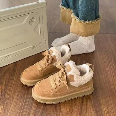 Stivali Invernali da Donna Retro con Lacci a Punta Rotonda Basso Peluche Suola Spessa Antiscivolo Scarpe Vulcanizzate da Donna di Stilista