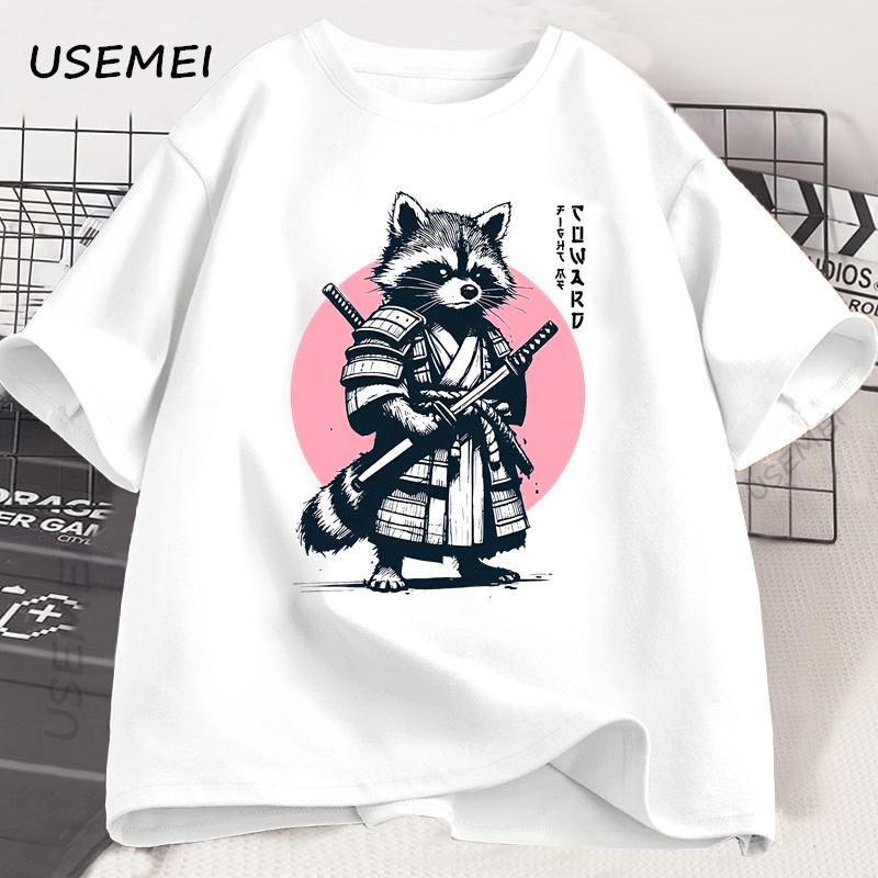 Fight Me Coward Vintage Samurai Raccoon T Shirt Japanese Cat Funny Graphic T-shirt Cotton Short Sleeve O Neck Tees Mens Clothing