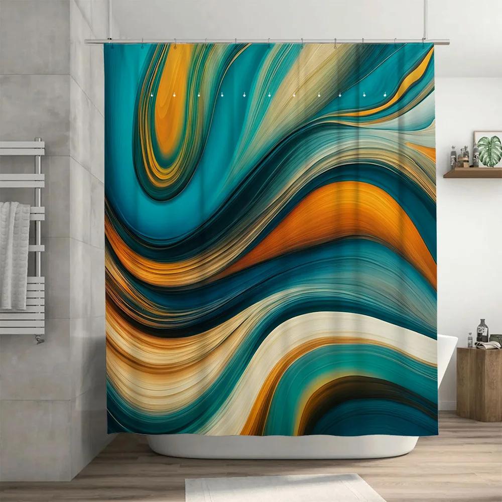 Luxury Modern Shower Curtain Wave Colorful Design for Bathroom Decor Waterproof Fabric with Metal Hook Rings Set (Blue)