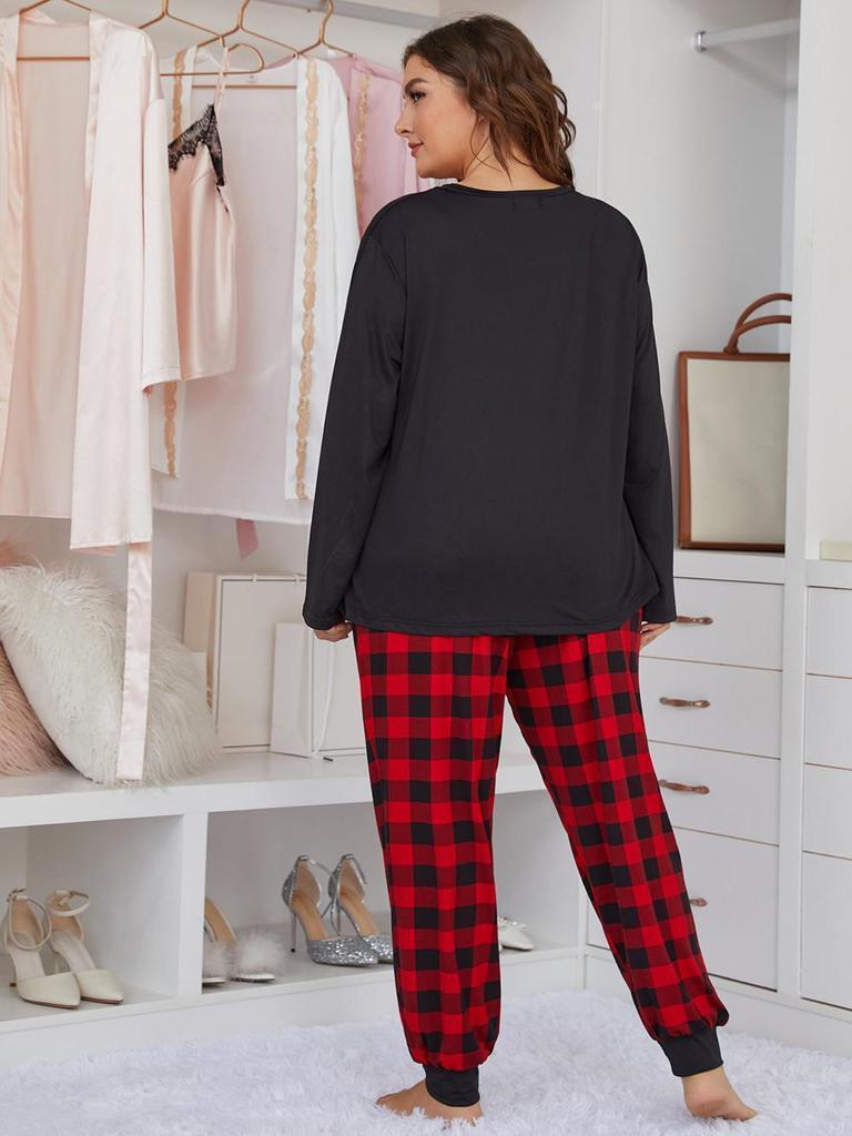 Women's Plus Size Heart Print Pajama Set - European & American Style, Long Sleeve Loungewear