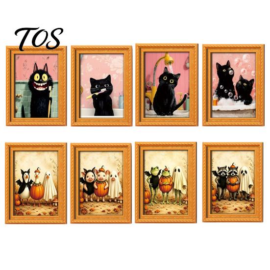Miniature Oil Painting Style Magnets Wooden Black Cat Fridge Magnet, Seasonal Cartoon Kitchen Bathroom Decor, Vintage Holiday Wall Art Cute